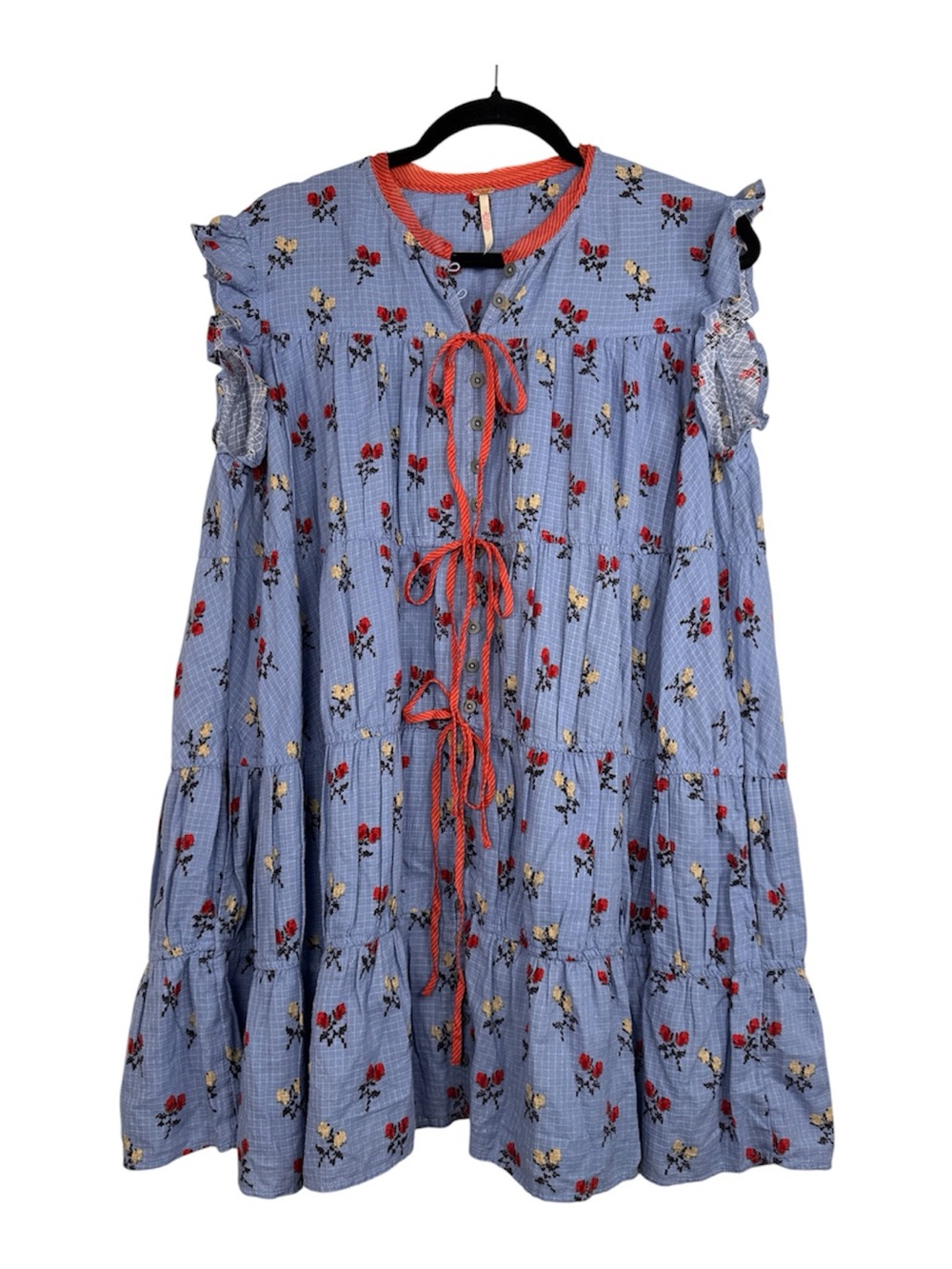 Free People Blue Red Floral Babydoll Mini Dress Womens M Tiered Boho Casual